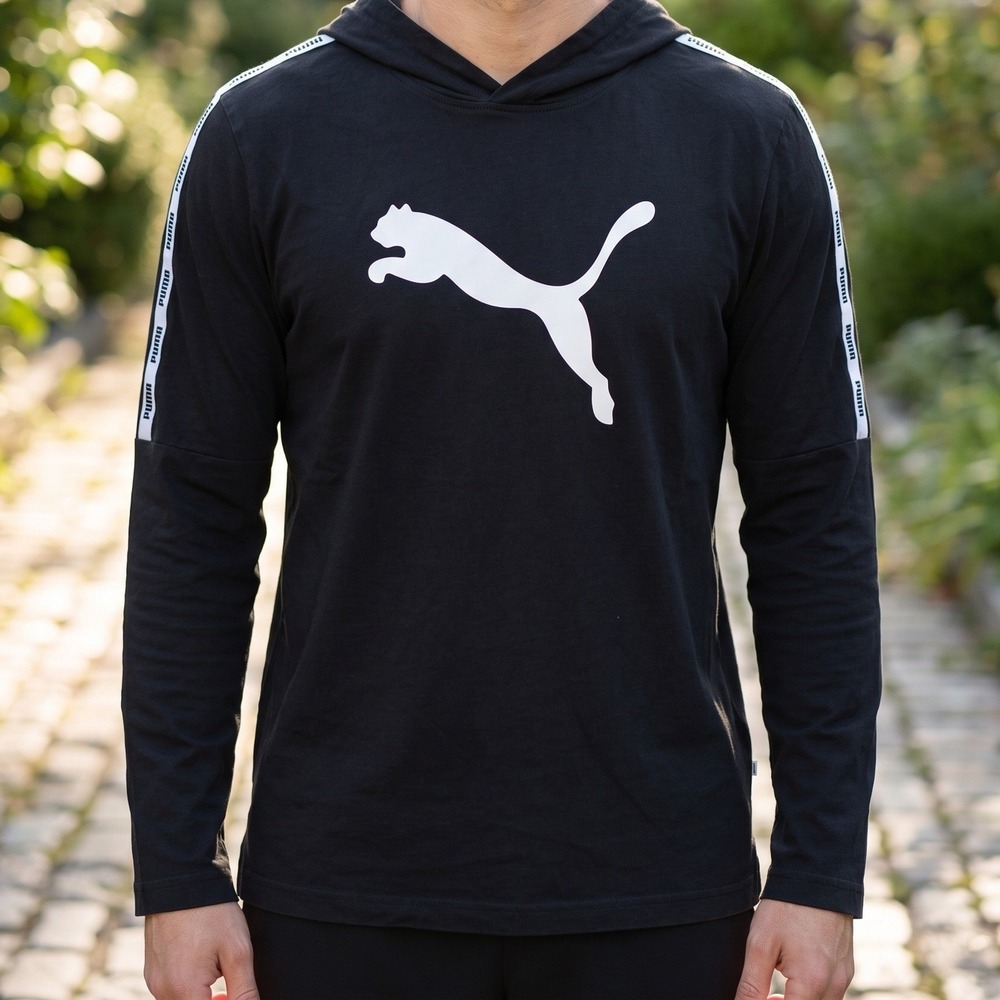 Puma Mens Black Long Sleeve Hooded Tee Big Cat Logo Branded Sleeve Tape Sporty